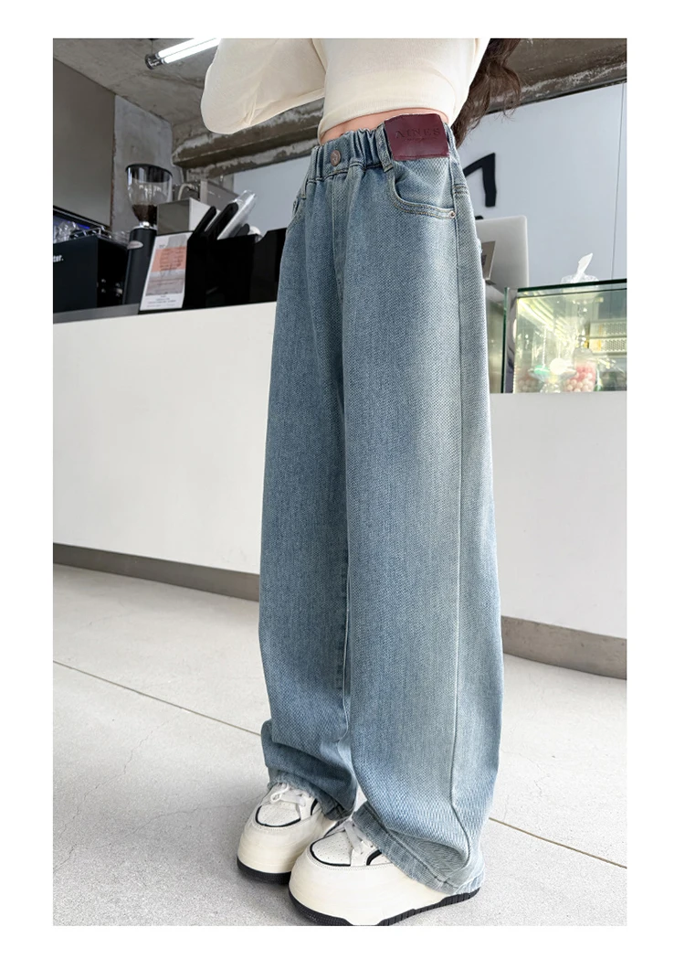 Klassische blaue High-Waist-Jeans mit geradem Bein für Mädchen, neue modische Slim-Fit-Denimhose, einfache Jeanshose für Kinder. – Detail 8