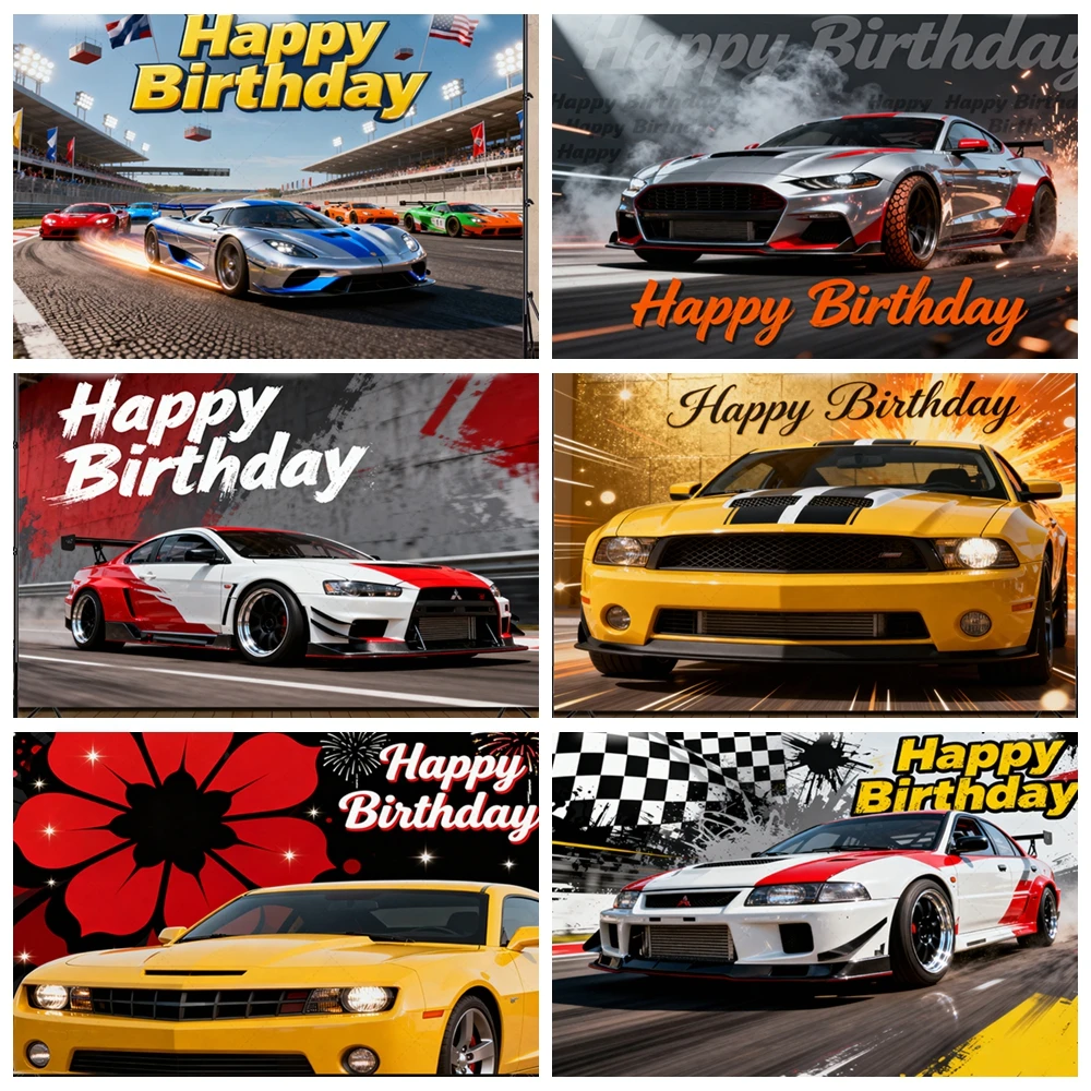 

Race Car Speed Track Happy Birthday Backdrop with Checkered Flag Photo Booth Background Boys Party Decor Neon Light Wall Scene