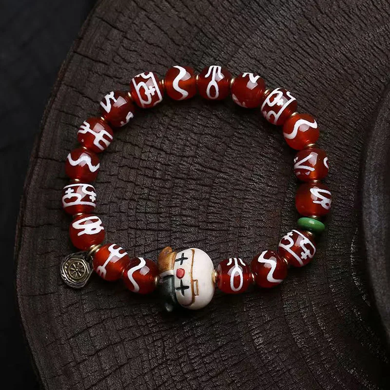 Natural Agate Doppelganger Dzi Bead Strings Single Loop Root Payment Clown Sun, Moon and Stars with Beads God of Wealth
