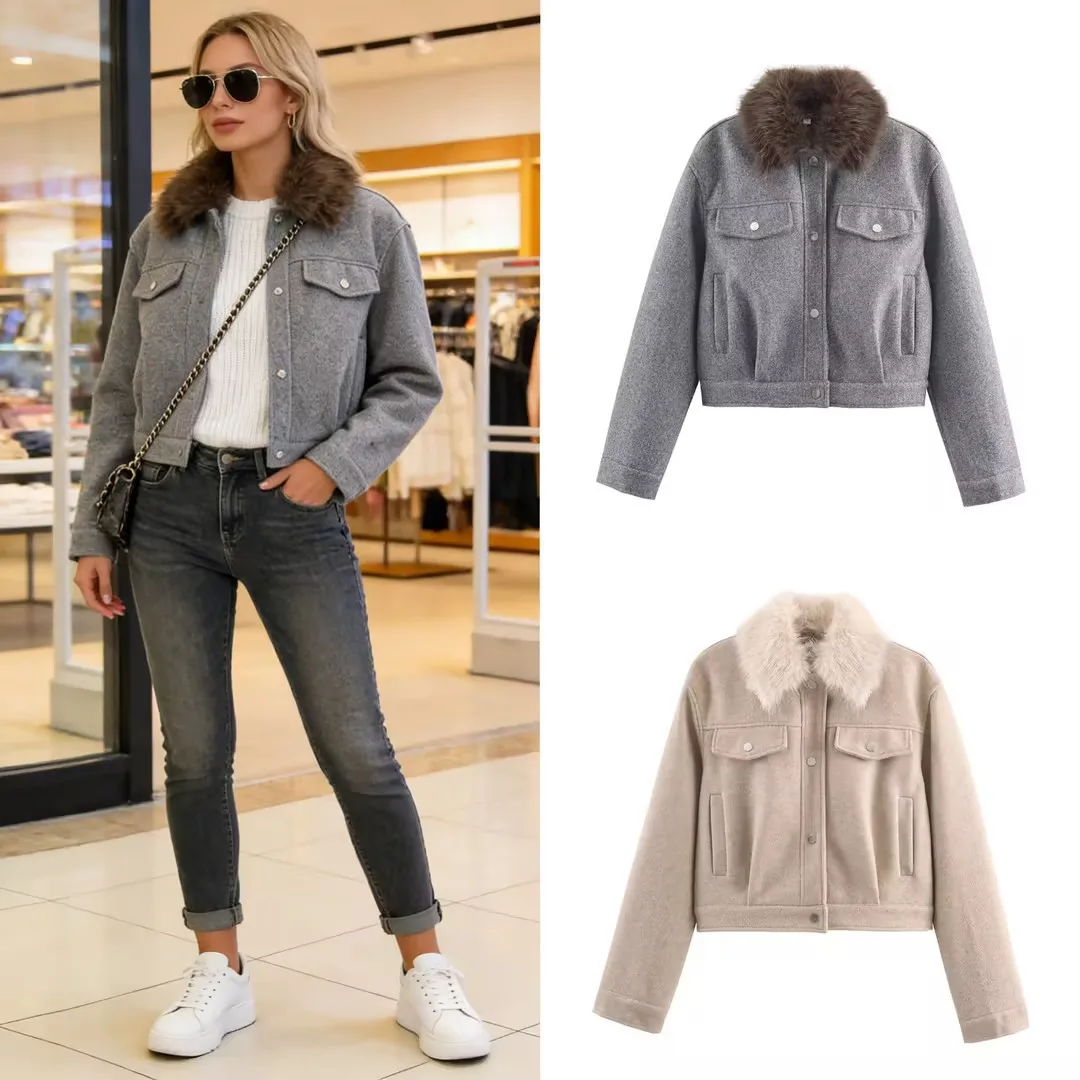 

Женская модная универсальная куртка в стиле стритстайл, повседневная, с отложным воротником, меховым воротником, бомбер, однотонная, с карманами, с длинными рукавами, укороченная