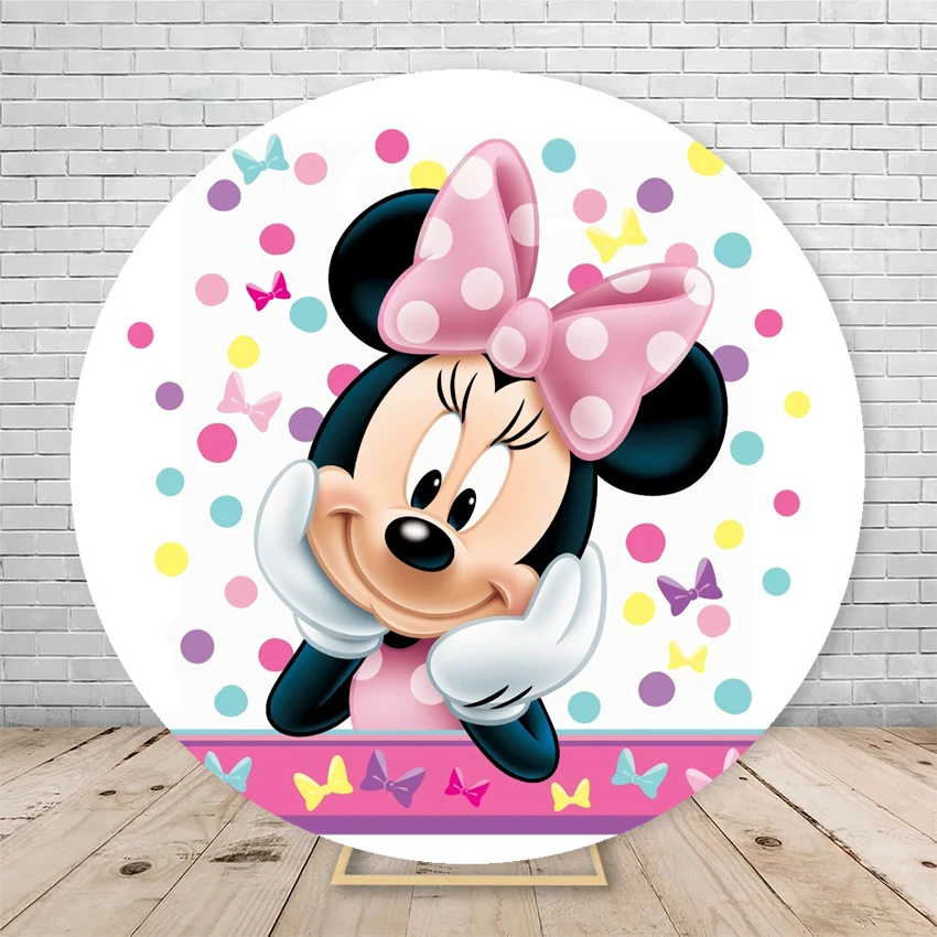 Cute Pink Red Minnie Mouse Elasticity Round Backdrop Cover For Girls Newborn Baby Shower 1st Birthday Party Circle Backgrounds