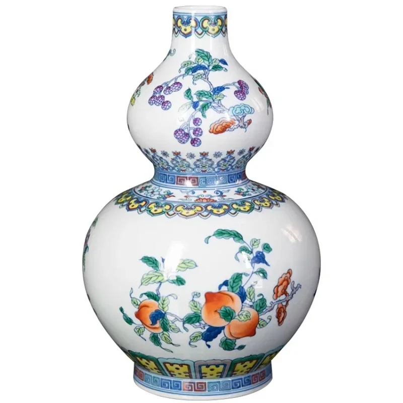 Ceramic blue and white porcelain vase, hand-painted bucket color three-pattern gourd vase living room retro