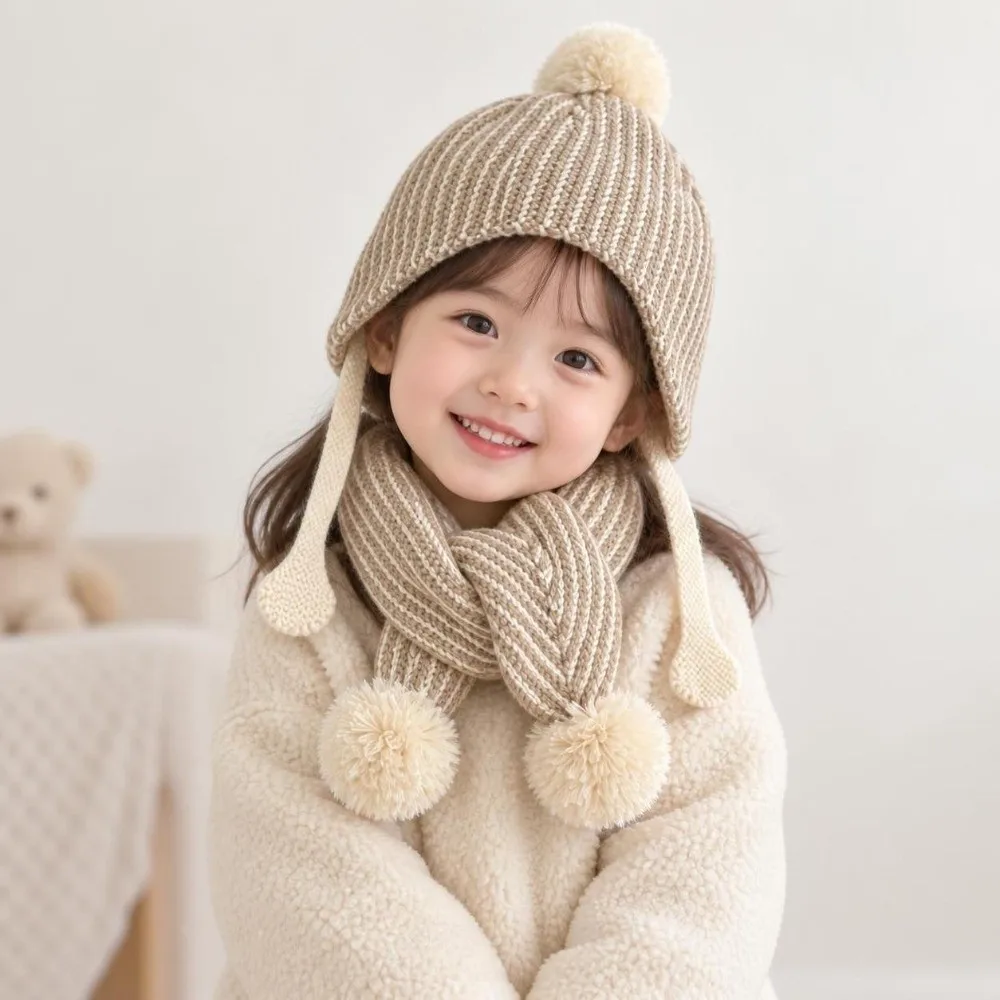 2Pcs/Set Casual Stripe Children Hat Scarf Set Ear Protection Vintage Knitted Pom Pom Hat Soft Warm Neck Warmer School