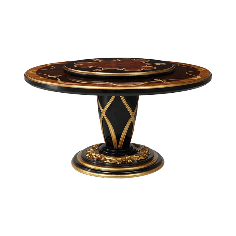 !@Customized Dining Furniture Ebony Veneer Solid Wood Round Dining Table Luxury Black Round Dinner Table With Turntable
