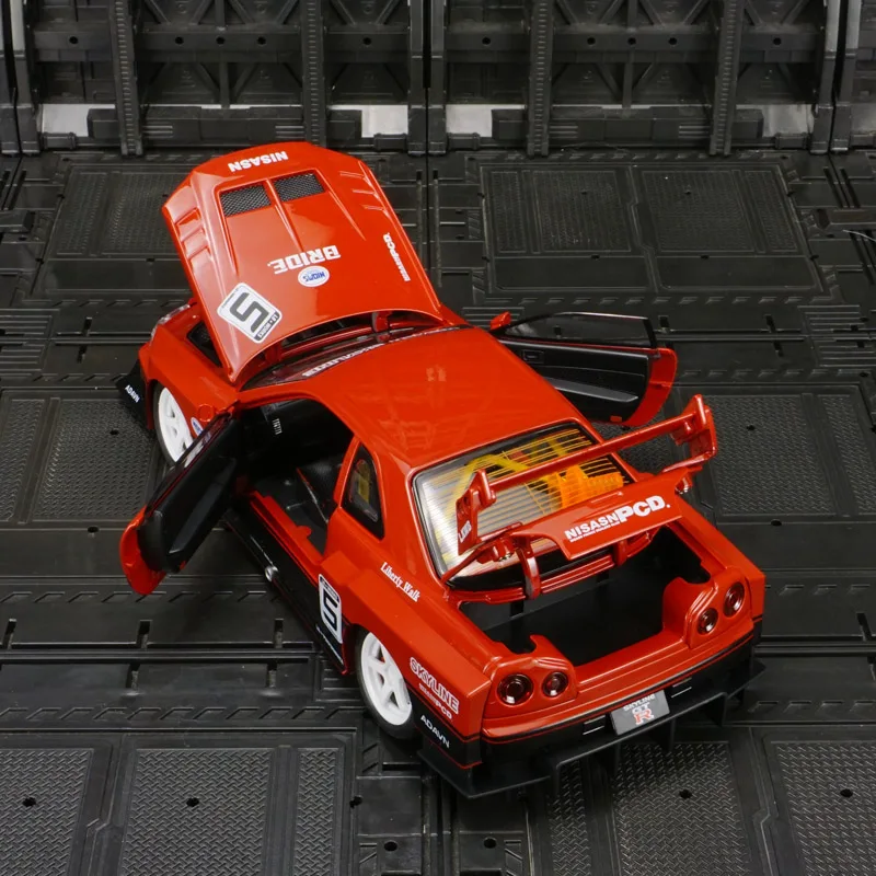 

1:24 Nissan GT-R34 Skyline Alloy Car Model doors and the front hood and trunk door can be opened sound and lighting functions