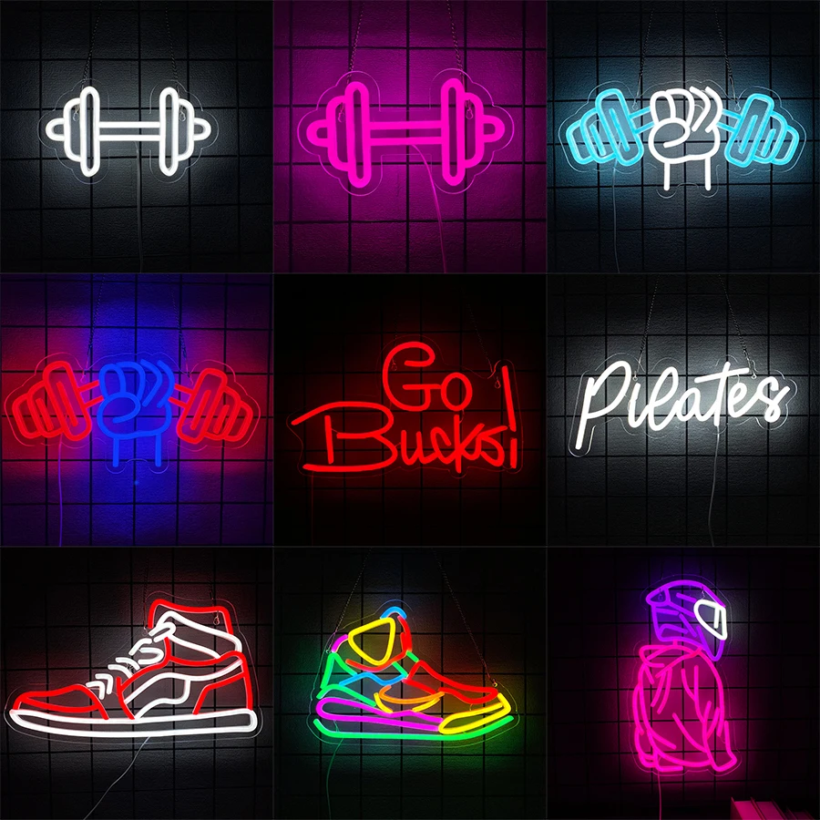 Sneaker/Dumbbell GYM Neon Signs for Wall Decor,'Go bucks'/'Pilates' LED letters Neon Lights for Fitness Club  Sports Room Decor
