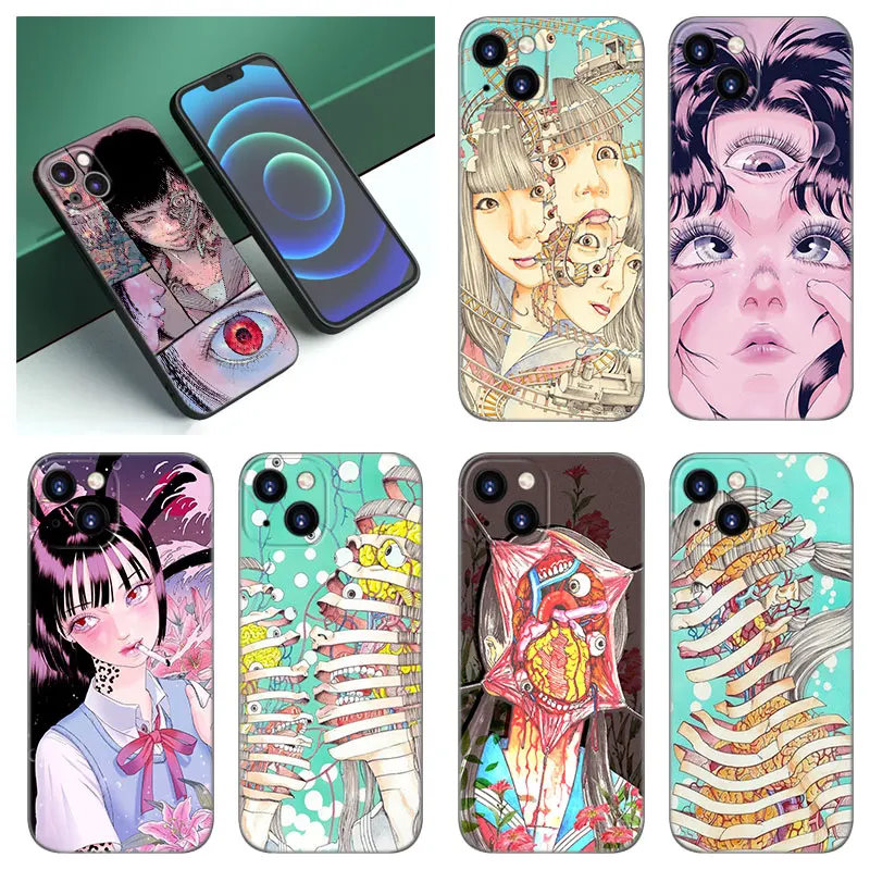 Shintaro Kago Horror Cartoons Phone Case For Apple iPhone 12 13 Mini 11 14 15 Pro XS Max 7 8 Plus X XR SE 2020 2022 Black Case