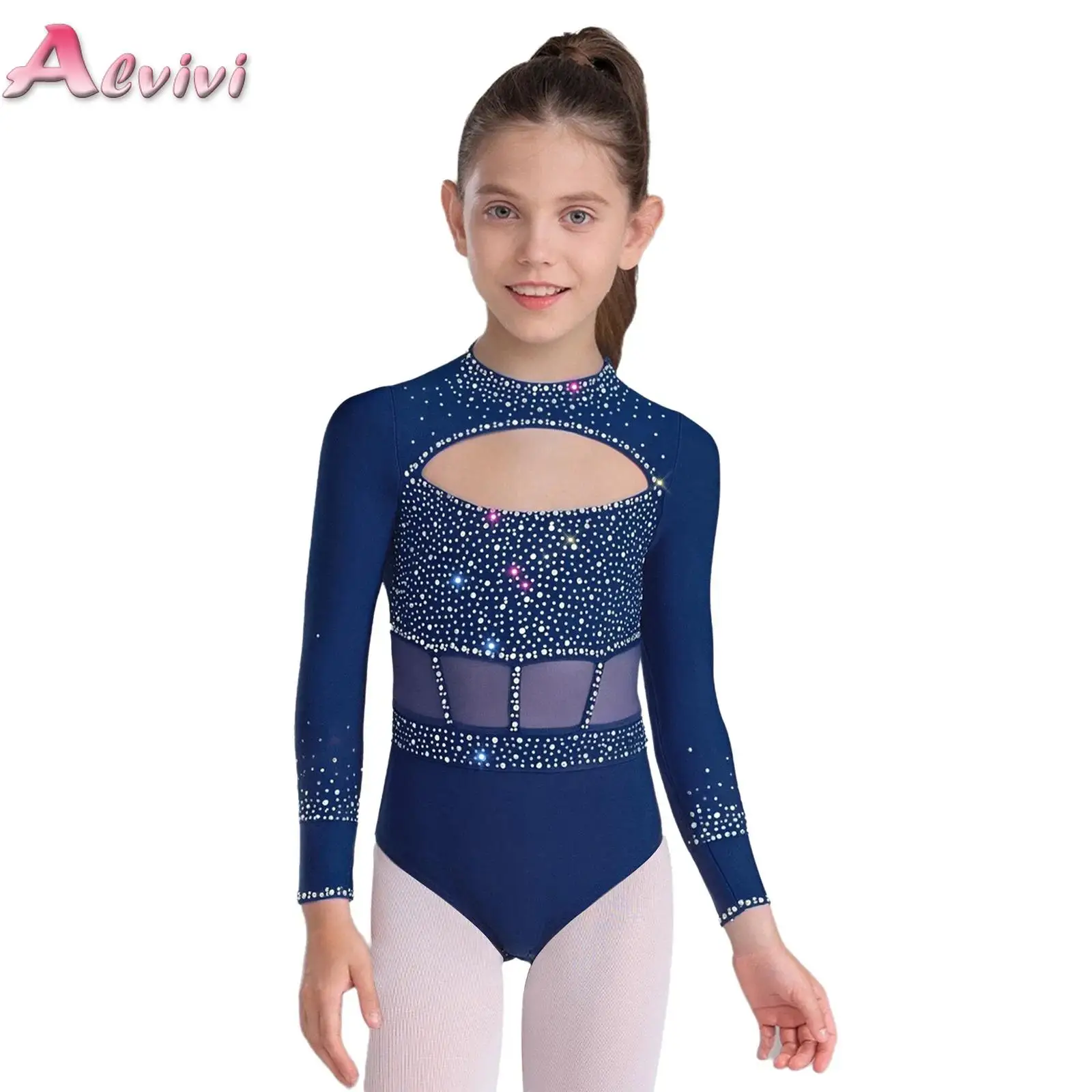 

Kids Girls Shiny Rhinestones Gymnastics Dance Leotard Long Sleeve Ballet Figure Skating Cutout Bodysuit Performance Dancewear