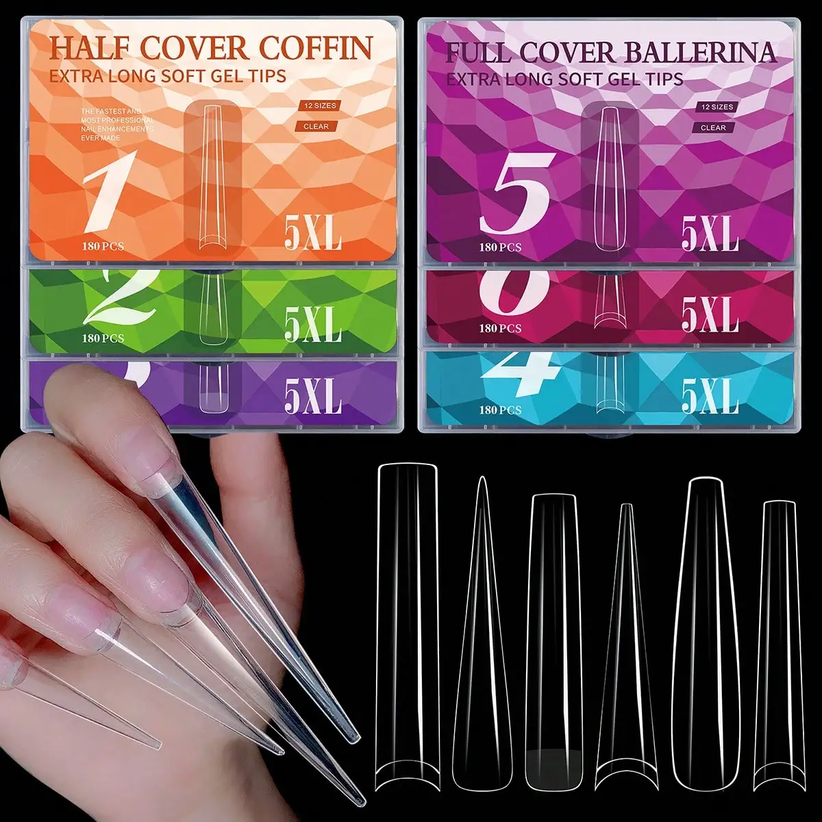 Puntas de Gel suave 5XL, uñas postizas acrílicas con cubierta media/completa, 180 Uds., ataúd de aguja, Ballet, extensión DIY, suministros para uñas