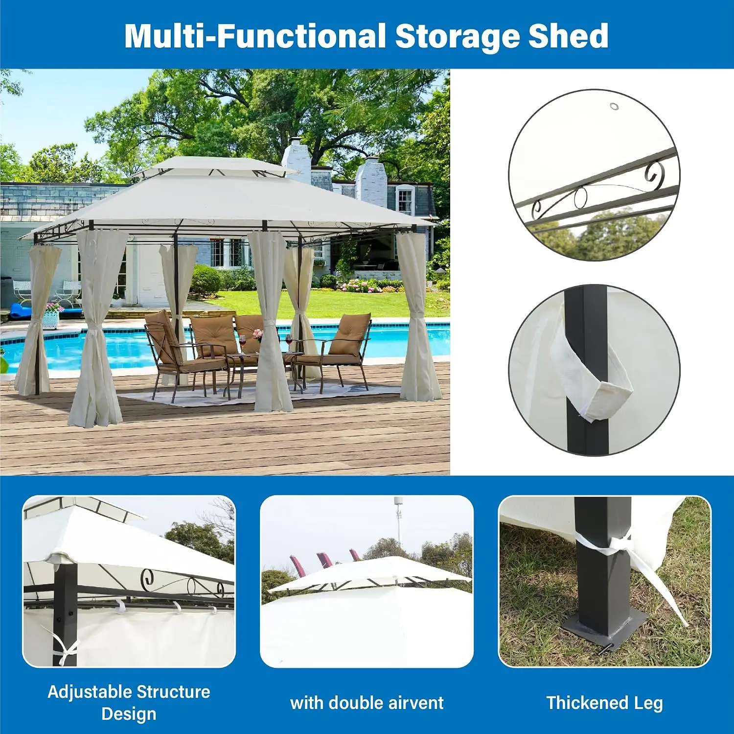 13x10ft Outdoor Gazebo Tent with Ventilated Double Roof & Removable Netting, Waterproof for Lawn Garden Patio, Beige, Customized