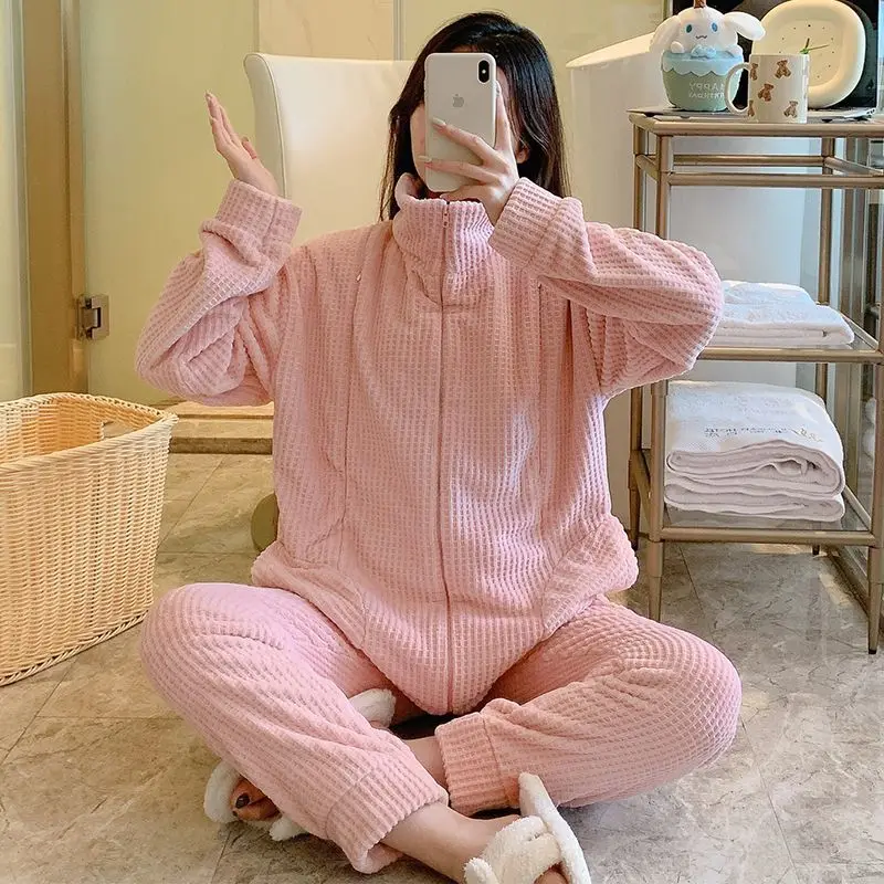 

Women Flannel Confinement Clothing Winter Thick Warm Pajamas Female Outerwear Coral Velvet Nightgown Casual Loose Homewear Suit