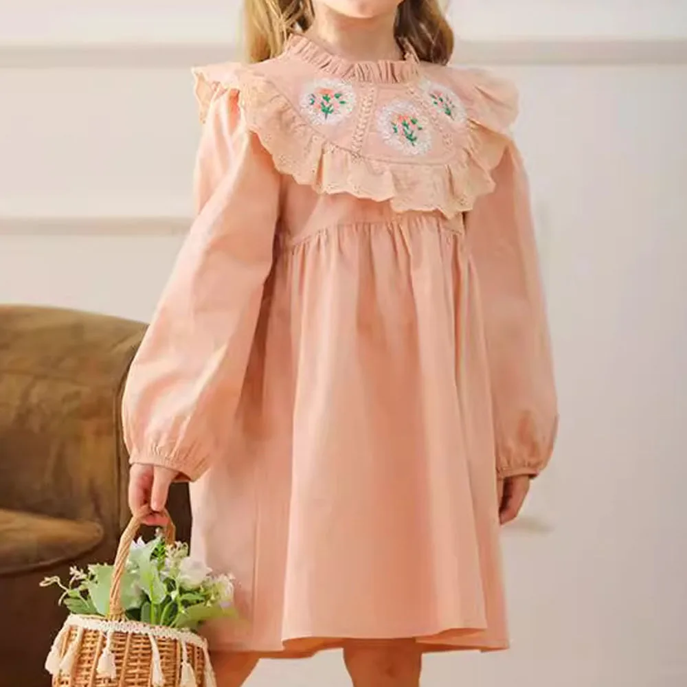 Baby Girl Dress Vintage Floral Embroidery Stand-Up Collar Autumn Clothing For Children Princess Dress Loose Kids Casual Dress