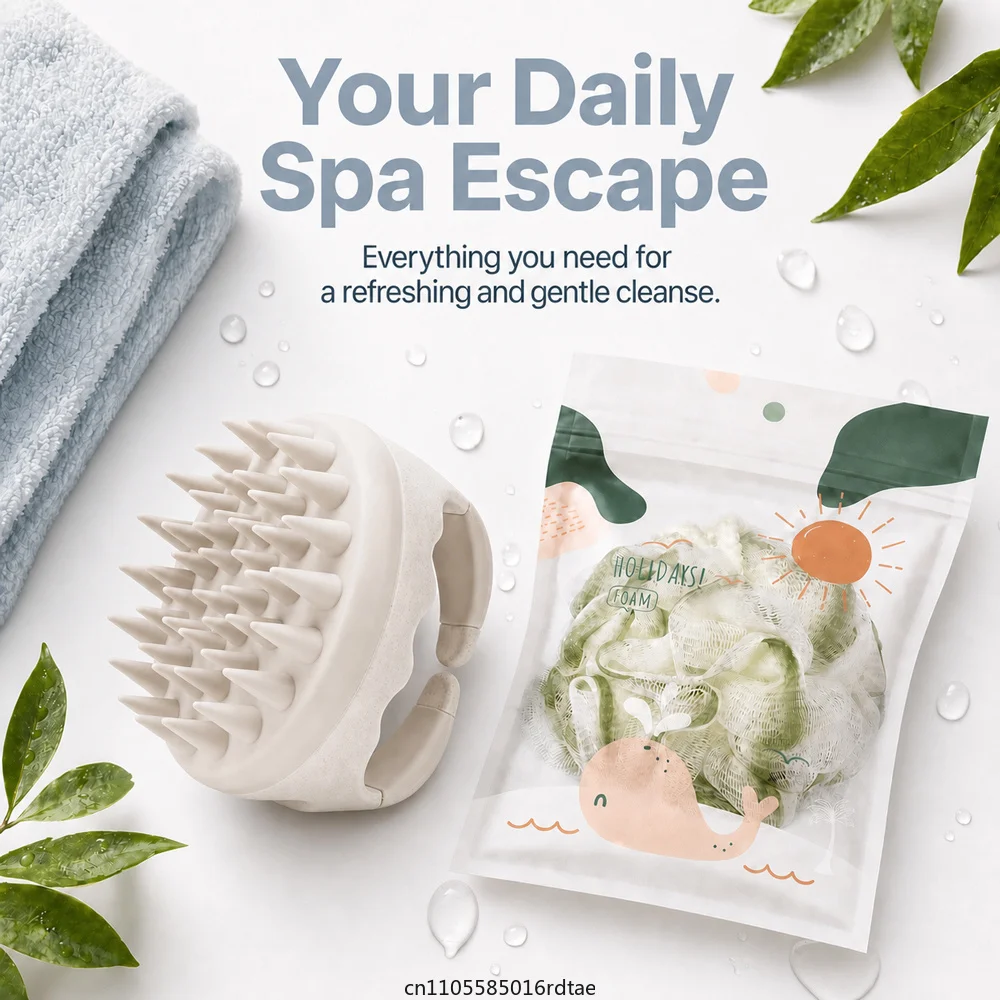 Hair Scalp Massager Shampoo Brush Scalp Exfoliator Dandruff With Bath Puffs Mesh Sponge Puffs Body Exfoliating Skin Scrub Set