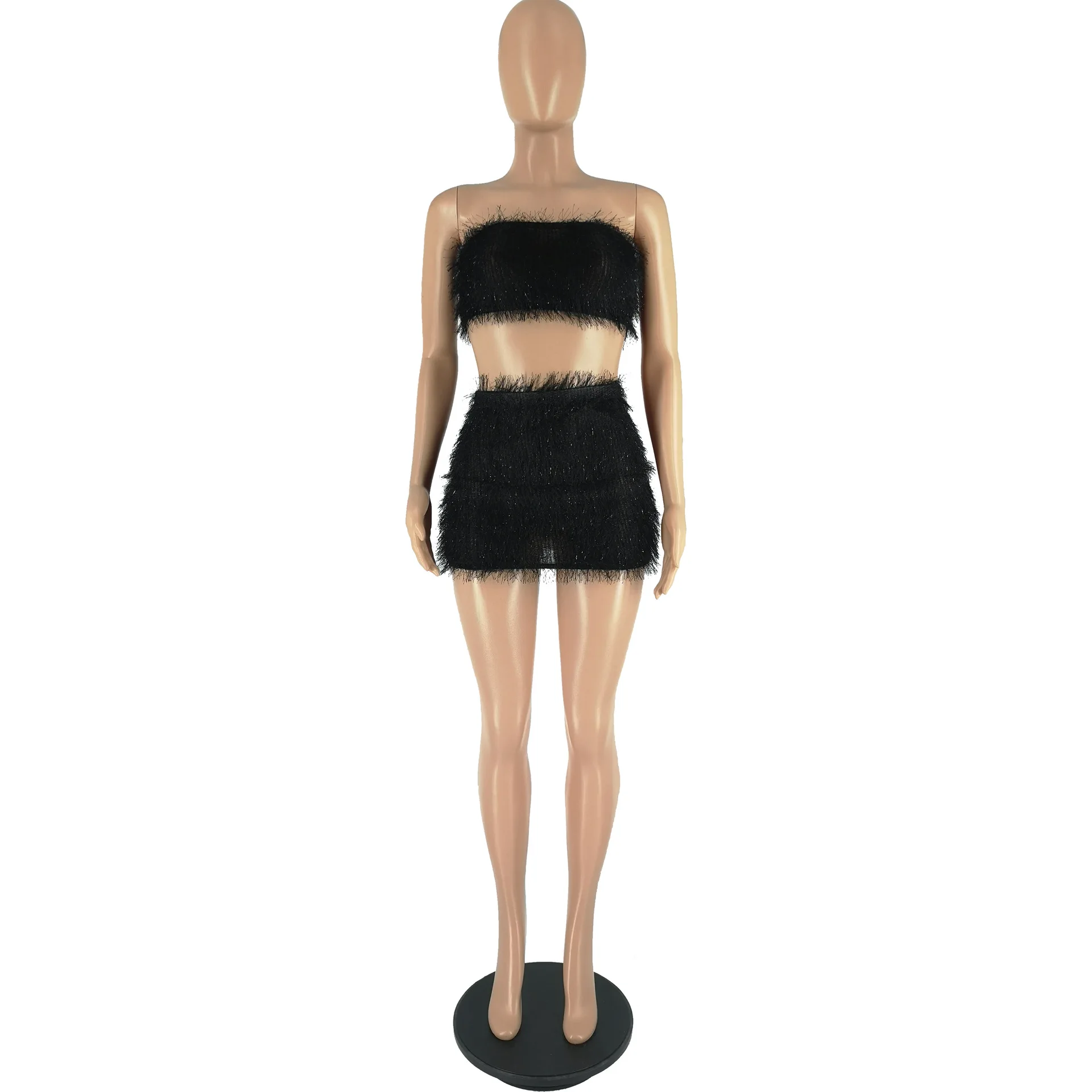 Women's Summer Sexy Tube Top & Mini Skirt 2 Piece Set Fashion Furry Strapless Top And Short Dress Two-Piece Outfits