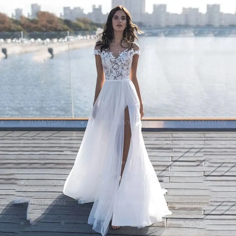 

Front Slit Beach Wedding Dresses 2023 Off The Shoulder A Line Chiffon Bridal Gowns Lace Appliques Free Shipping Robe De Mariee