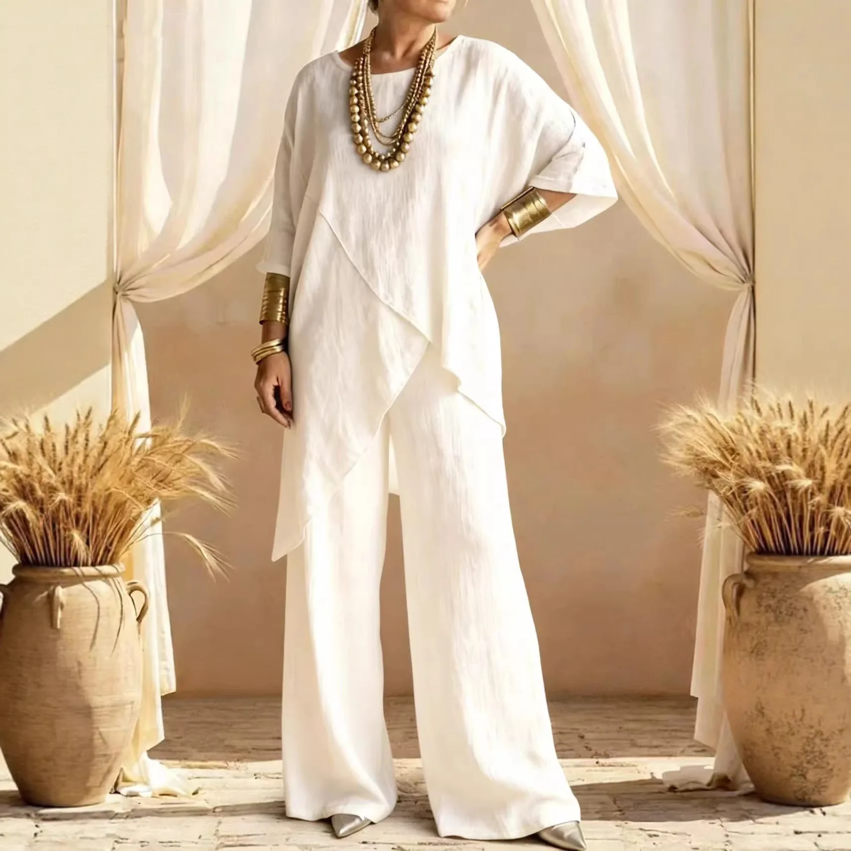 

2026 Summer New Women's Two-Piece Cotton Linen Sleeve Round Neck Loose Casual Irregular Hem Set