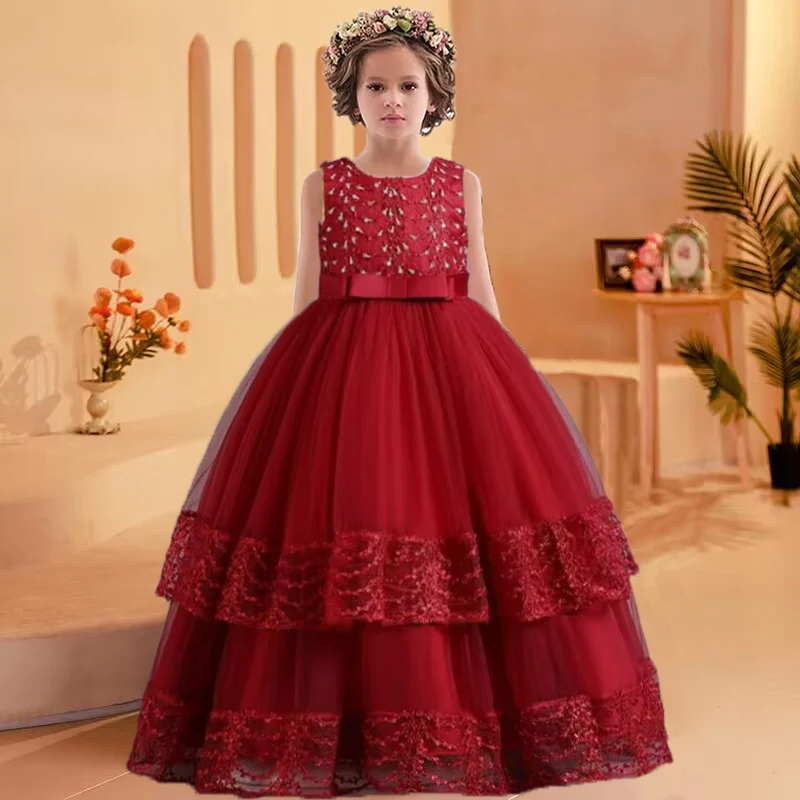 4-14 year old children\'s sleeveless embroidered evening dress girl baby birthday party sequin dress wedding flower child dress