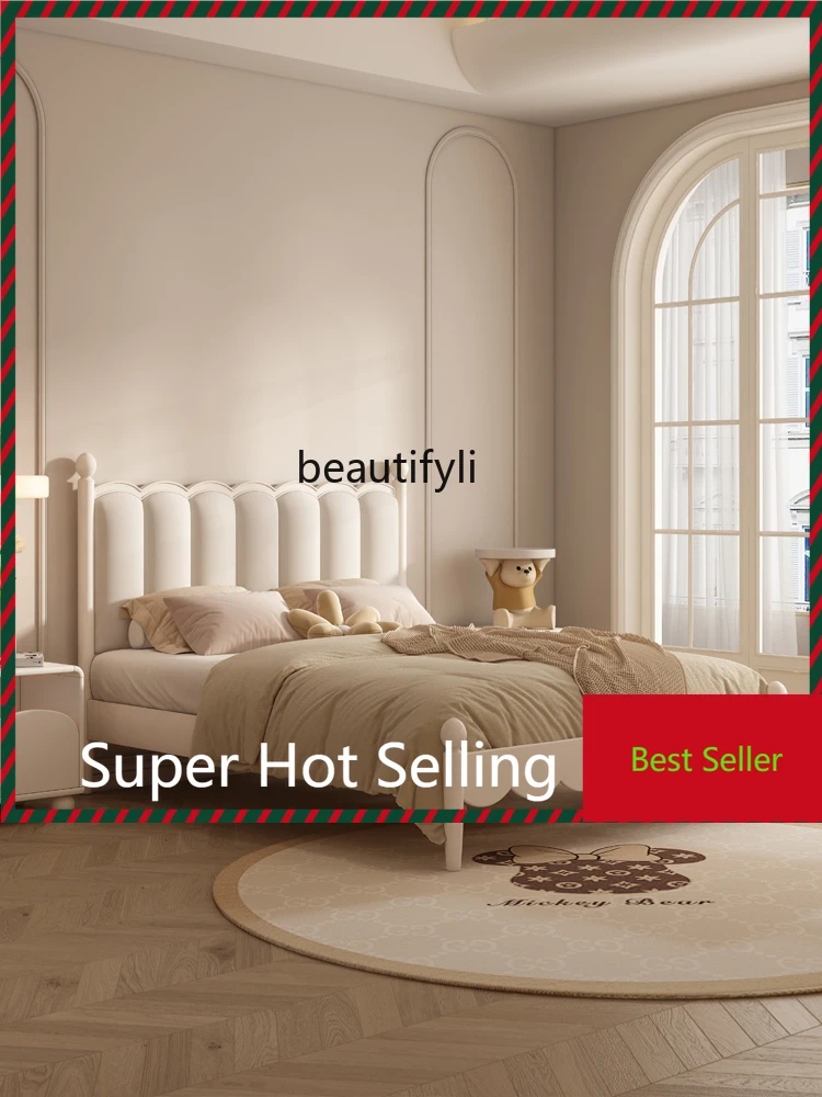 M71 Cream Style Solid Wood Girl Princess Bed Small Apartment 1.35 M Single Bed Leather Bed