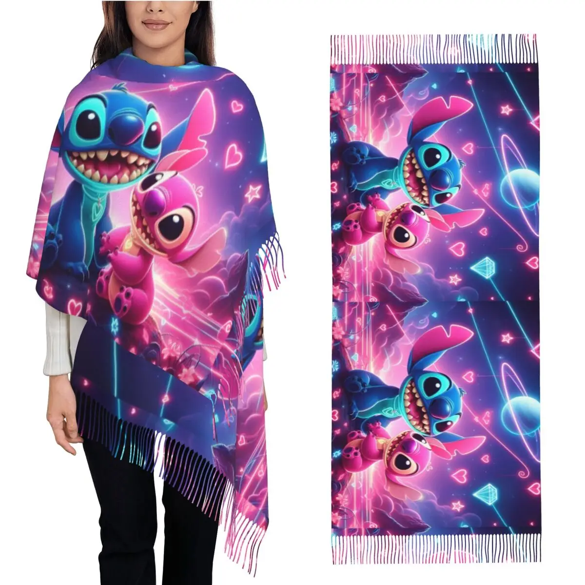 

Cute Stitch And Angel Cartoon Scarf Men Women Headwear Scarves with Long Tassel Winter Retro Shawl Wraps Keep Warm Bufanda Mujer