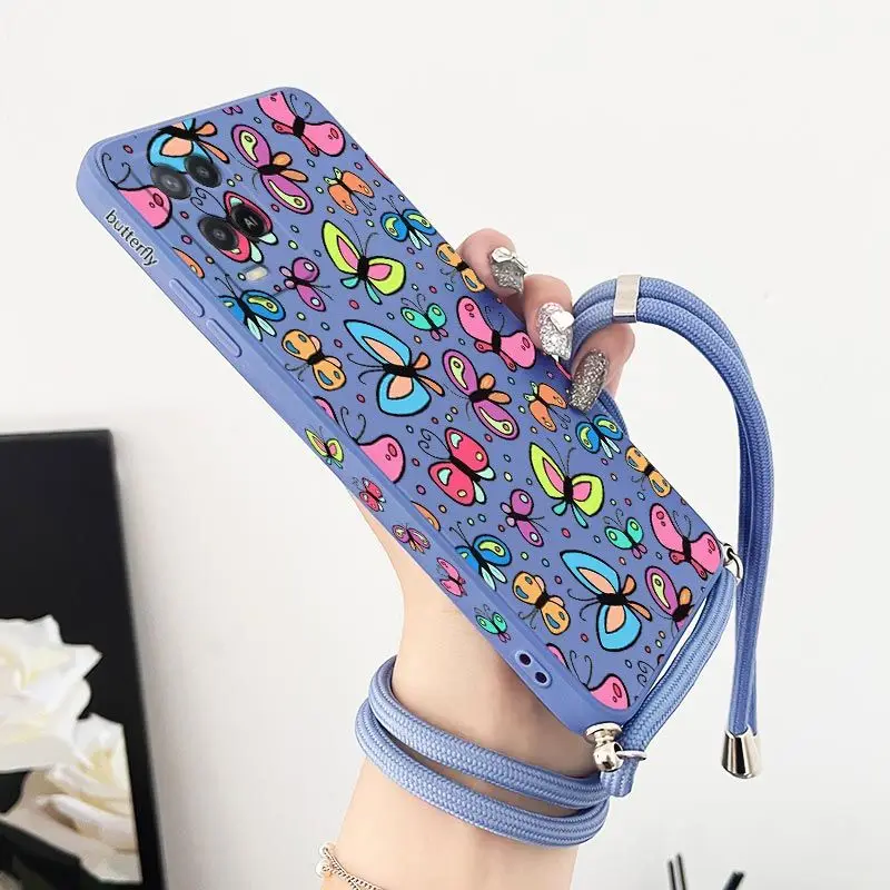 Charm Butterfly Crossbody Lanyard Silicone Phone Case For Oppo A15 A15S A16 A16K A76 A77 A78 A53 A54 A55 A92 A94 A95 A83 Cover