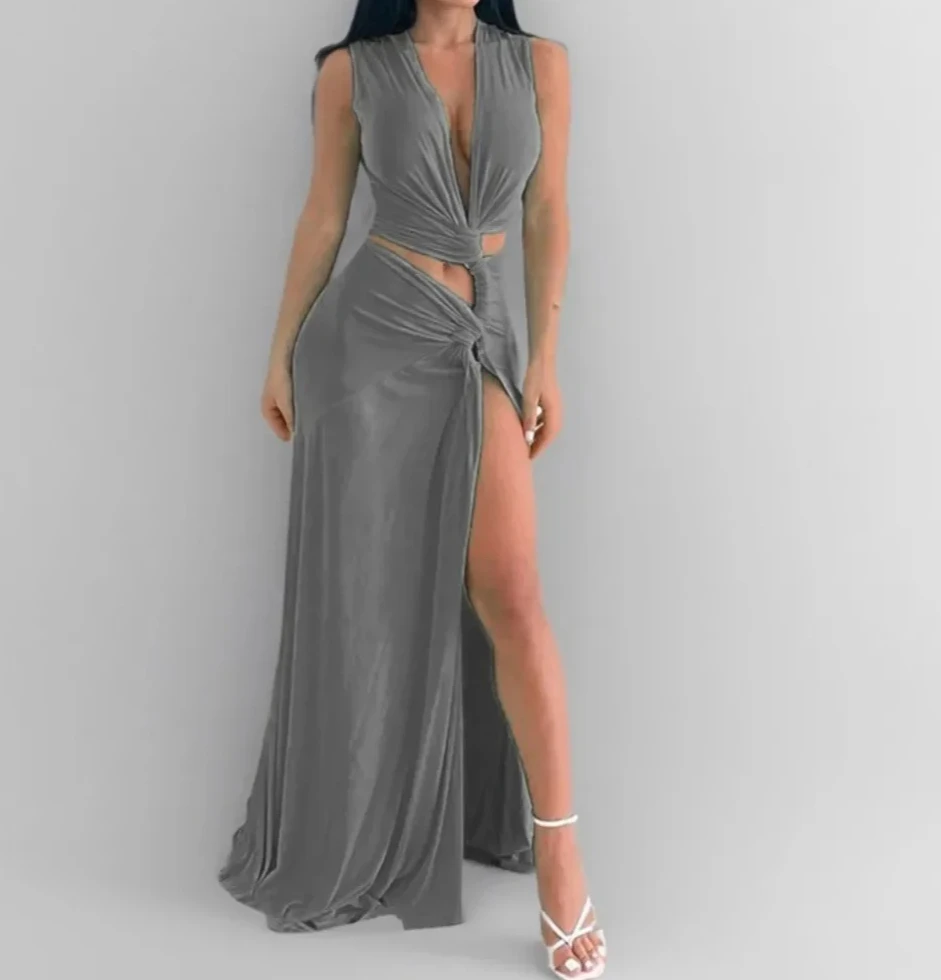 Vrouwen Mode Feestjurk Hollow Out Sexy Slit Avondjurken voor Vrouw V-hals Off-de-schouder Mouwloze Formele Prom vestidos