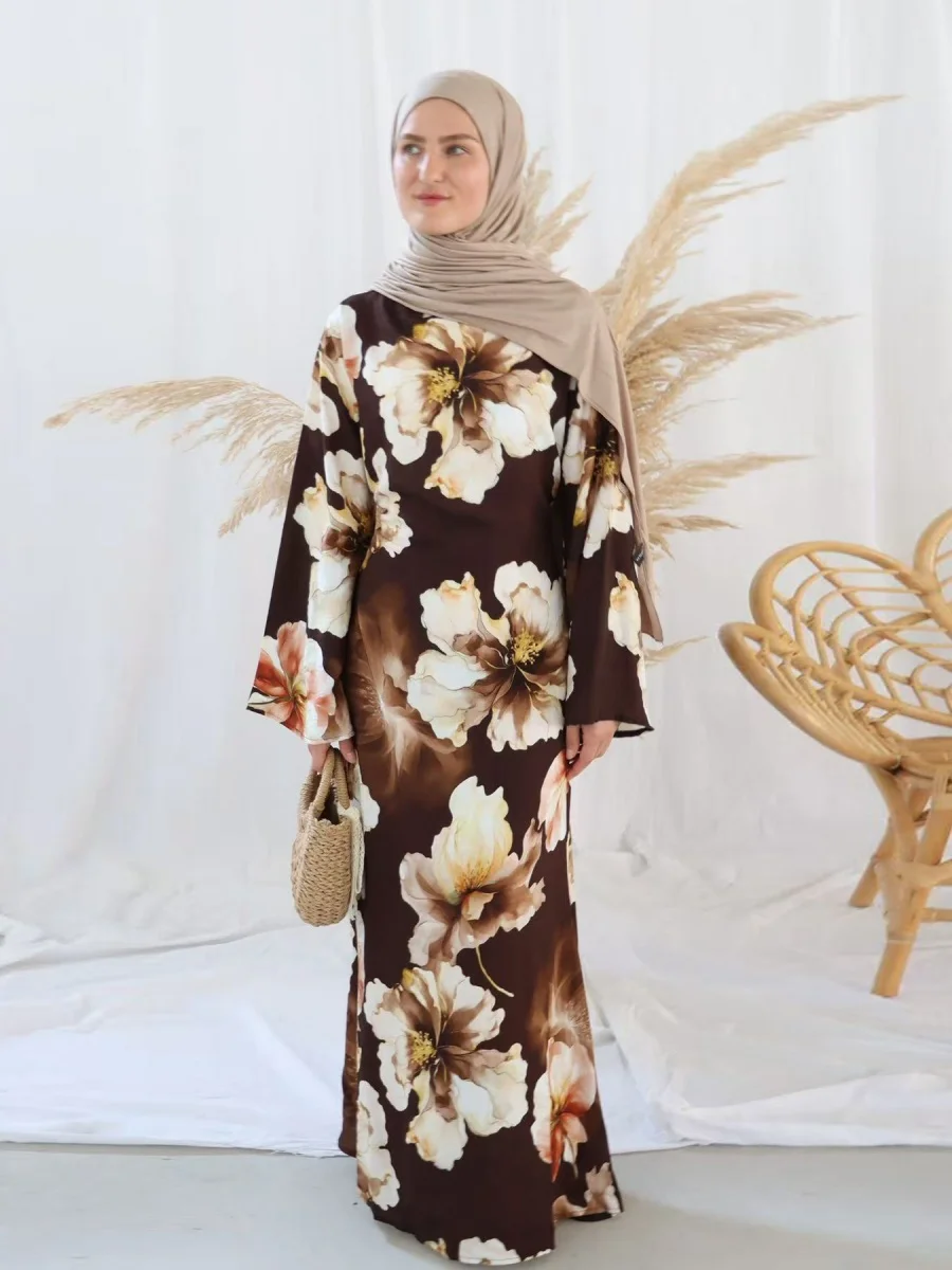 

Мусульманские женщины Ближний Восток Роскошный Дубай с цветочным принтом Абая Длинное платье Скромный кафтан Рамадан Халат Femme Исламская одежда kebaya