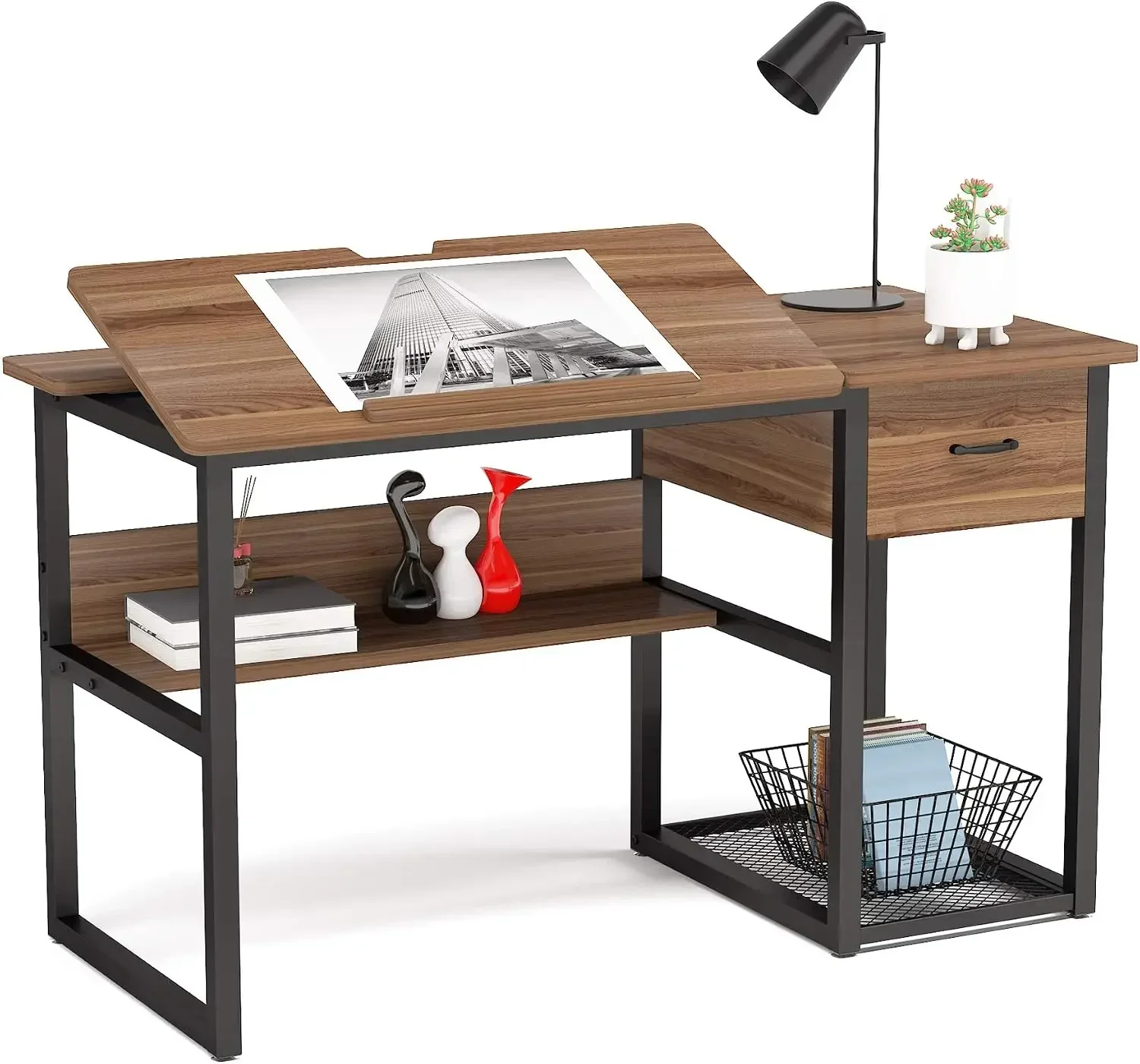 BestsellerDrafting Table with Storage Drawers, Drawing Computer Desk Artist Craft Table Painting Desk Workstation with Shelves