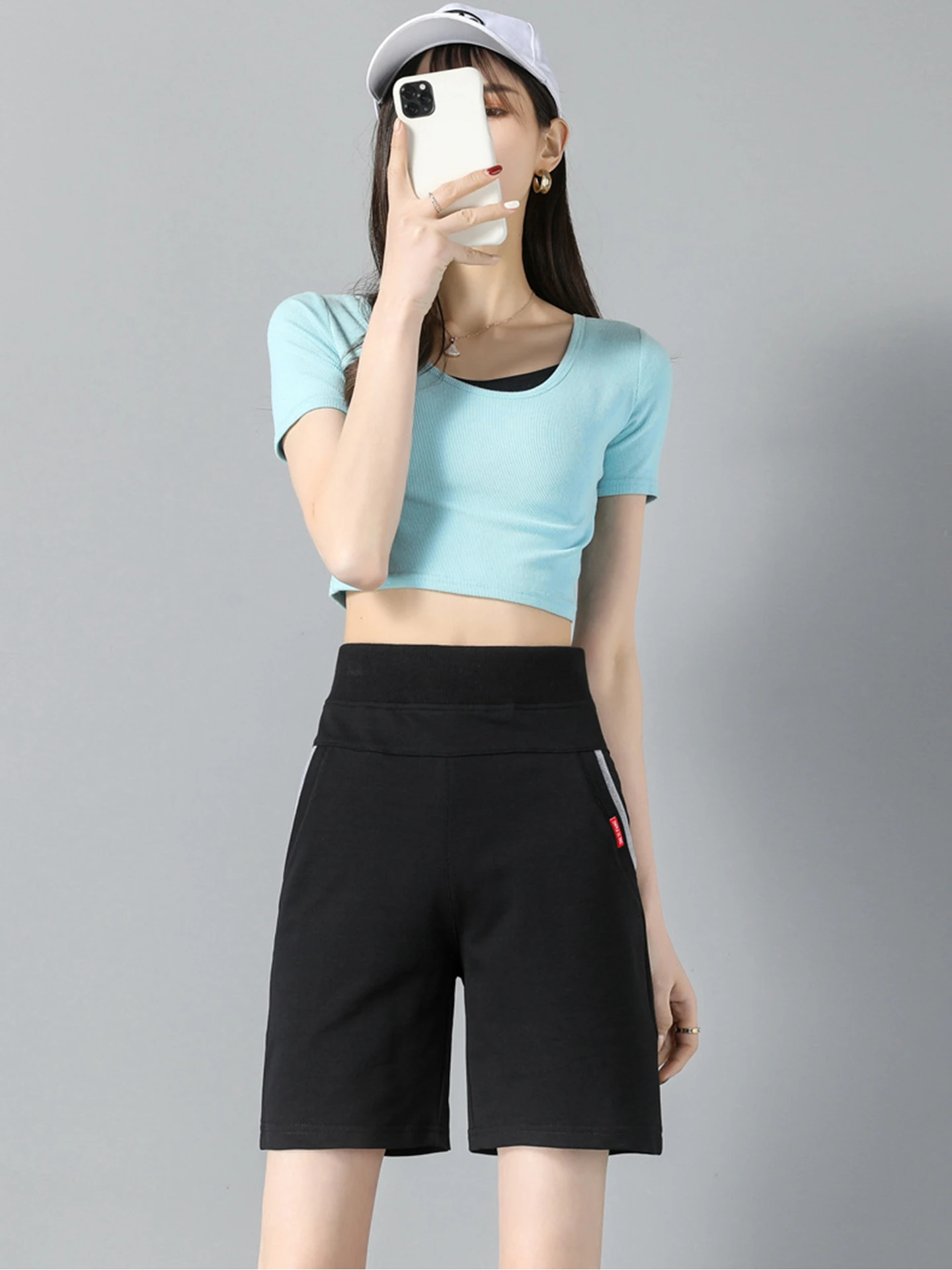 

High Waist Five-Quarter Running Sports Pants Women's Casual Thin Cotton Polyester Blend Elastic Fitness Jogging Trousers