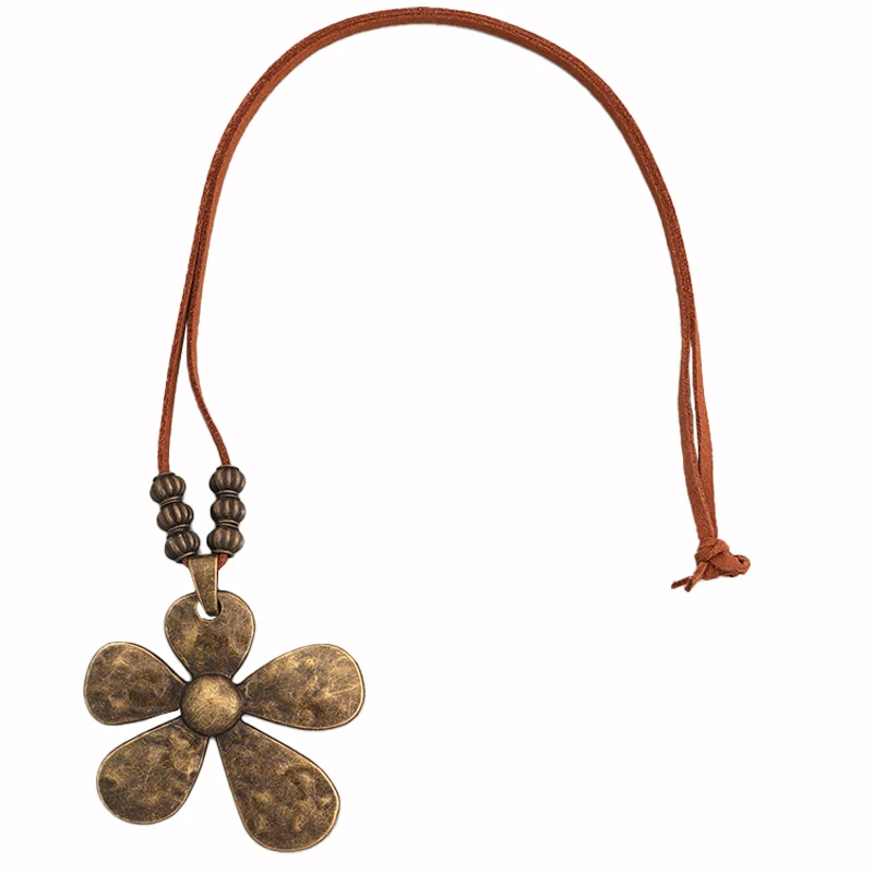 1x Brown Leather Cord Chain Multilayer/Flower Pendant Necklaces for Women Men Vintage Jewelry Boho Long Sweater Necklace Jewelry
