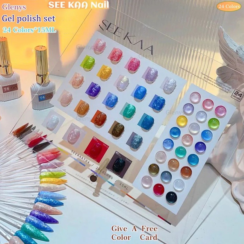 

Glenys 24 color nail polish glue popular new semi permanent immersion gel UV LED nail salon art varnish learning kit 15ml