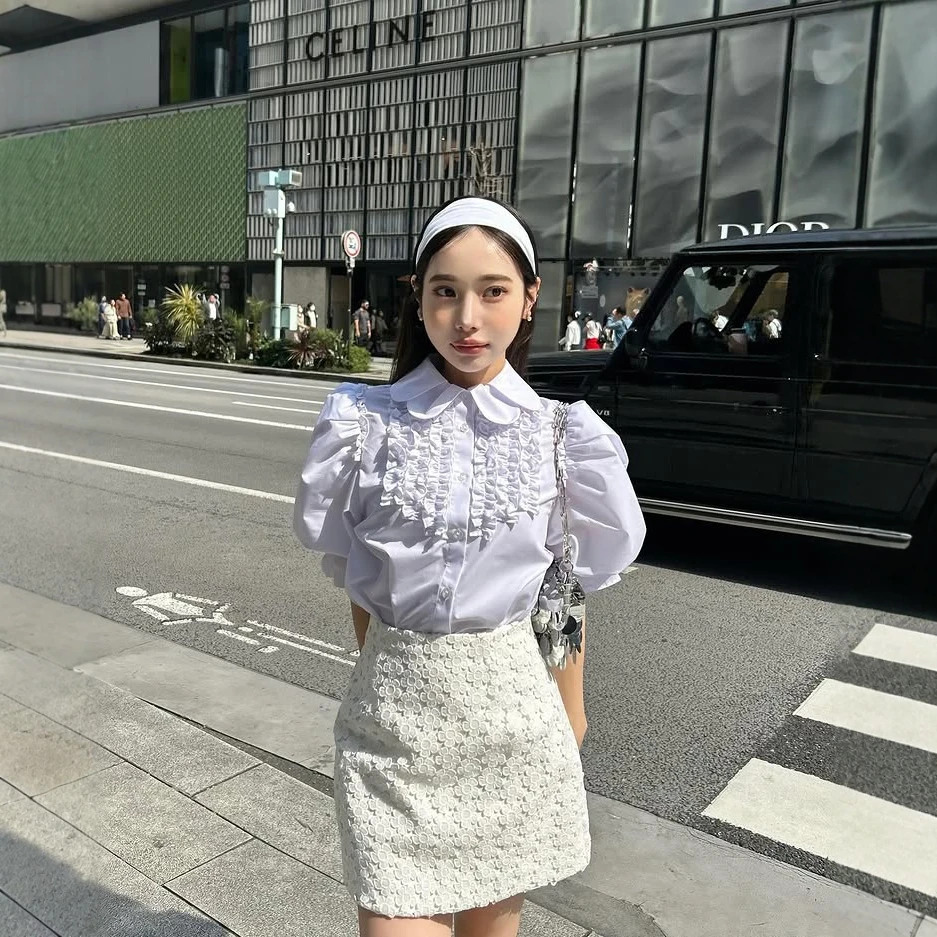 Japanese Sweet Petal Collar Fungus Edge Bubble Short Sleeve Blouse 2025 New Summer Ladies Elegant White and Blue Shirts Blusas