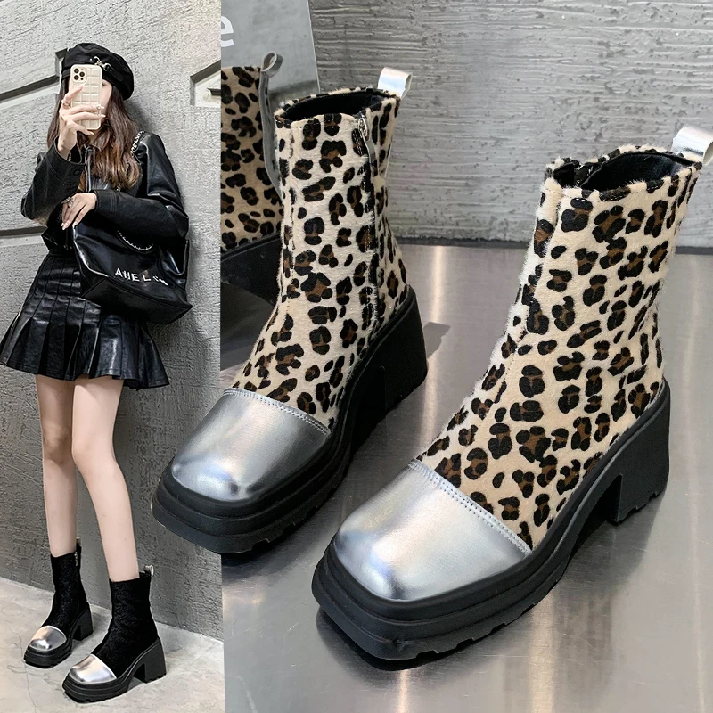 Thick-soled Round-toe Cigar Boots Women\'s High-heel Wide-step Short Boots Mid-calf Thick-soled Slim Arrival Autumn/winter