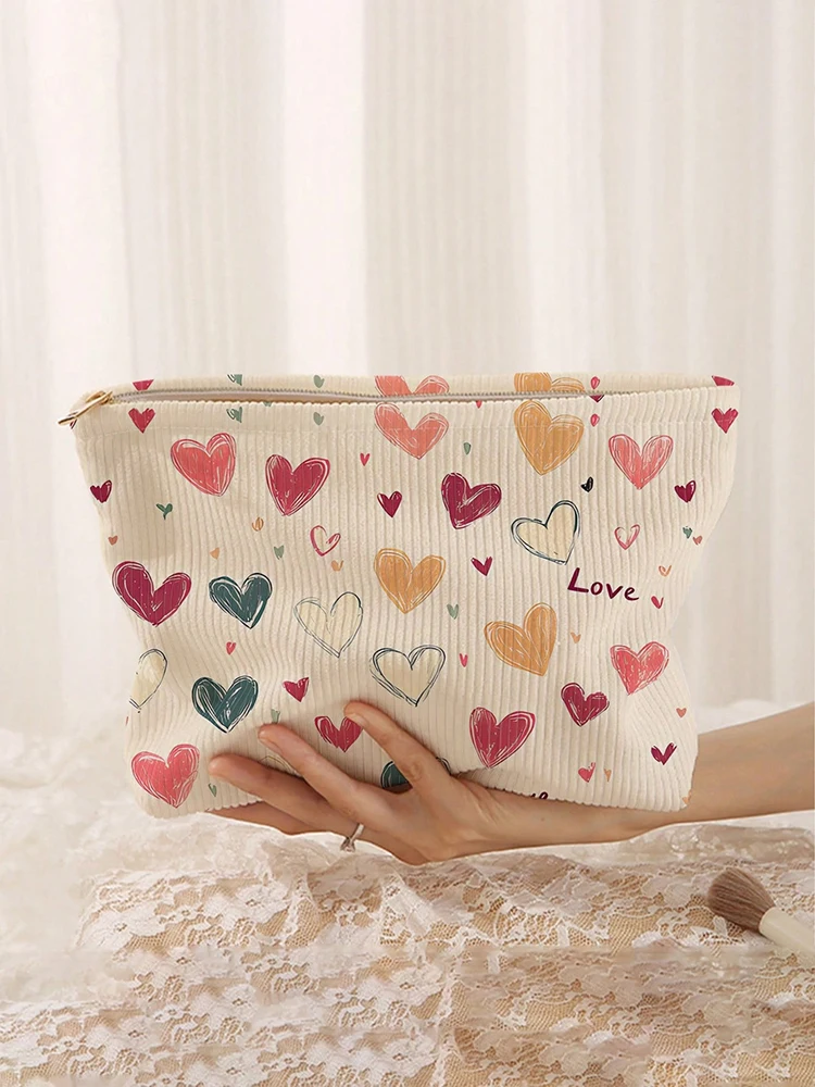 1pc Portable Cosmetics Storage Bag with colorful heart pattern double-sided printed travel zipper makeup bag