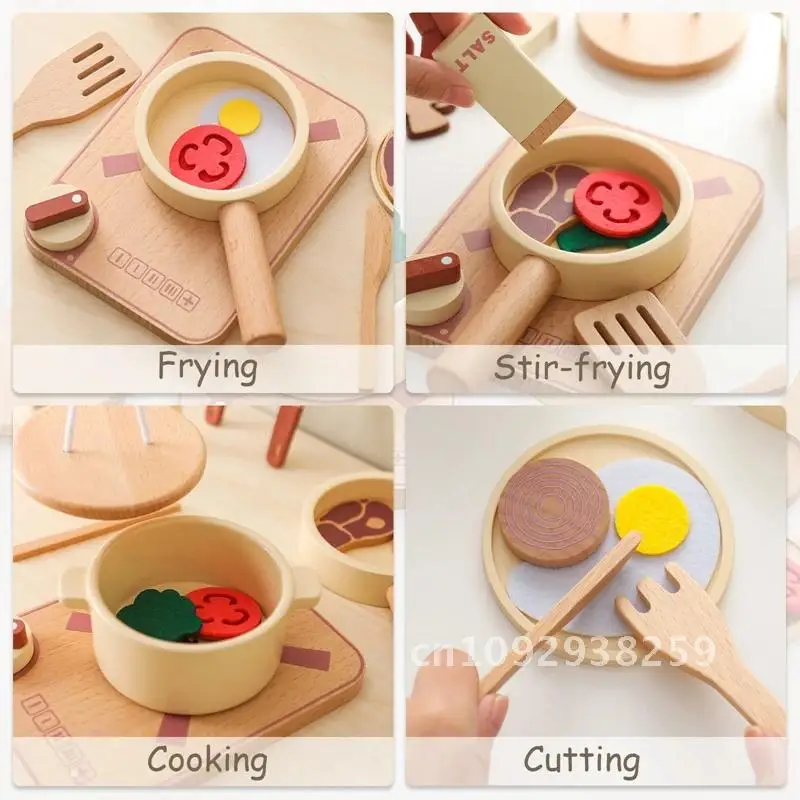 1 Juego de juguetes de madera Montessori para cocina, casa de juego de imitación, herramienta de juguete, utensilios de cocina, regalo, educación temprana sin BPA ​ Simulación infantil