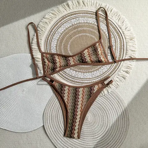 Vintage Zigzag Striped Bikinis Bathing Suit Multicolor Wavy Geometric Print Crisscross Back Spaghetti Strap High Leg Swimwear