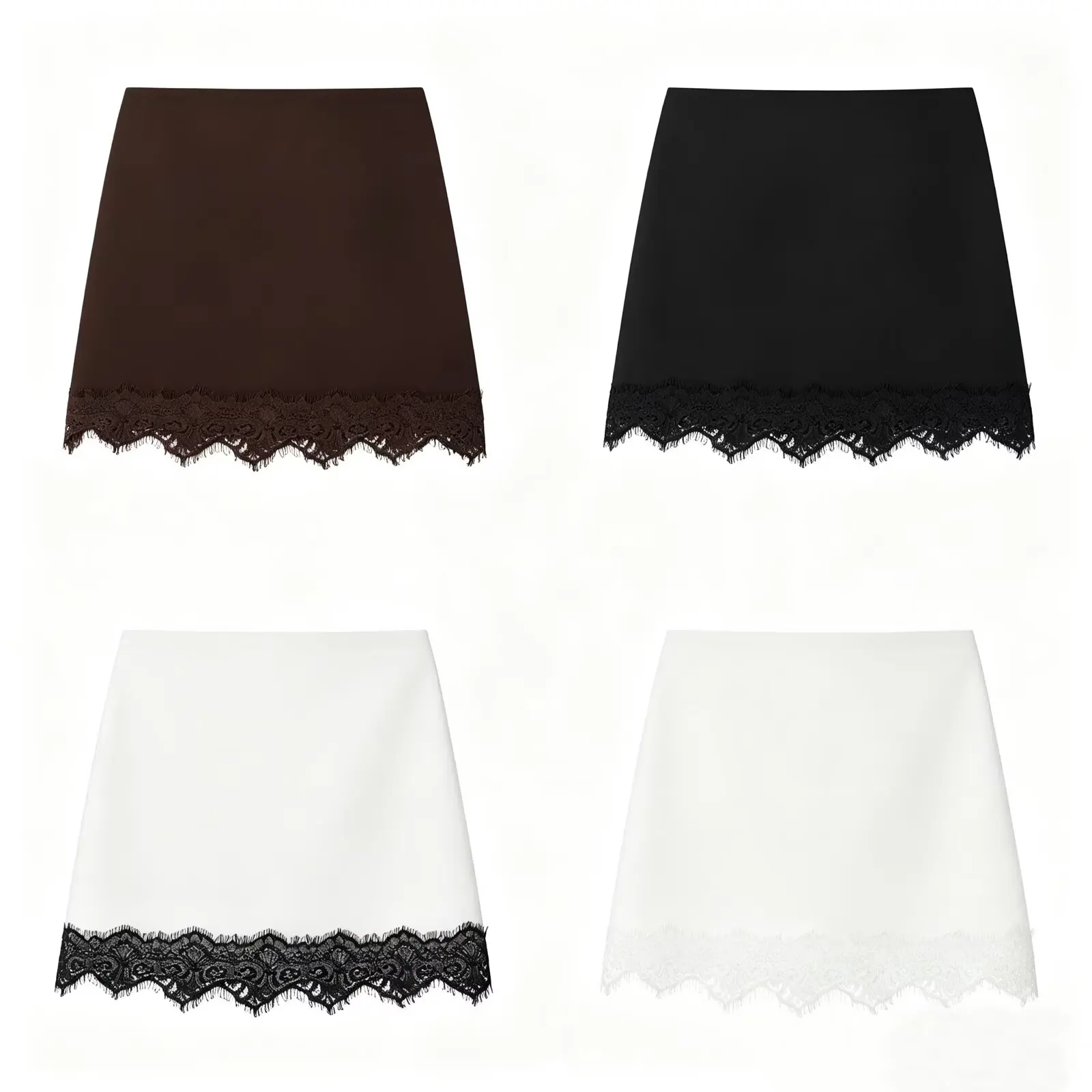 HH Elegant Satin Lace Trim Mini Skirt Women 2026 Spring Summer High Waist Sexy A-Line Short Skirt for Office Work Date Casual