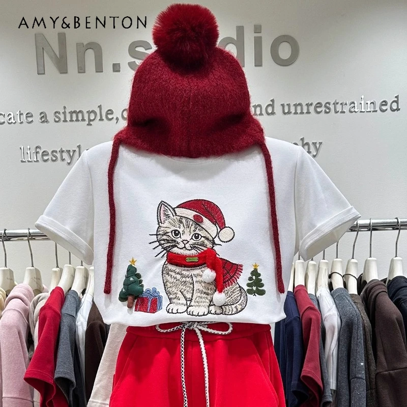 

Christmas Style Thickened Brushed Short Sleeves T-shirt Autumn Winter 2025 New Heavy Embroidery Cartoon Cat Sweet Y2k Top Tees