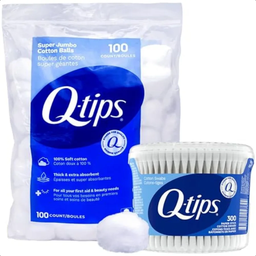 Qtips مسحات قطنية 300 قيراط عبوة فانيتي + إيه جامبو 100 كرة قطنية 100 قيراط