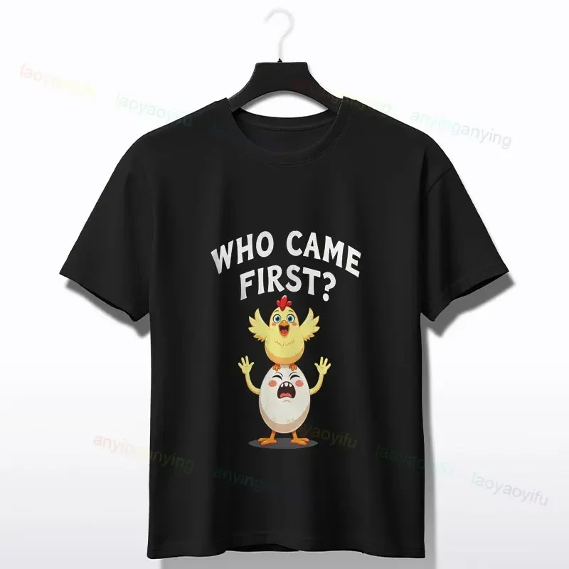 

Who Came First Chicken And Egg Graphic T-Shirt Cotton Short Sleeve Crew Neck Casual Top for Men