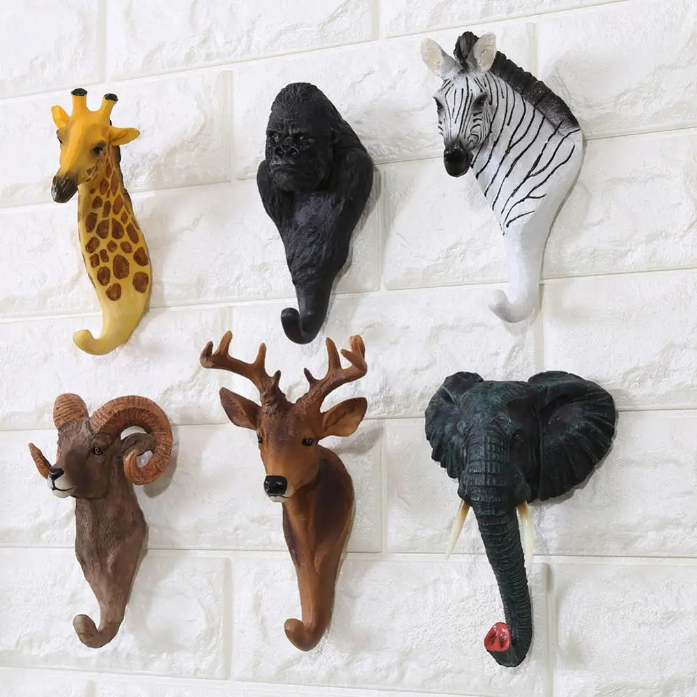 Resin Animal Head Wall Hooks Elephant Giraffe Zebra Head Wall Hook Hanger Wall Organizer Hook Key Cloth Hanger Hook Towel Rack