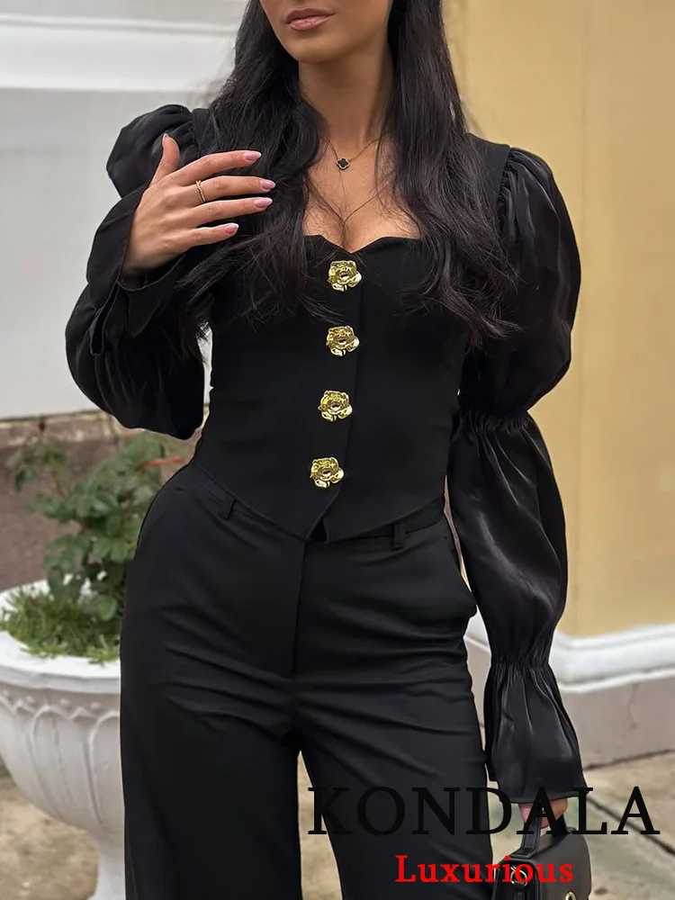

KONDALA Vintage Casual Women Blouse Black Solid Square Collar Long Sleeve Single Breasted Blouse New Fashion 2025 Autumn Shirts