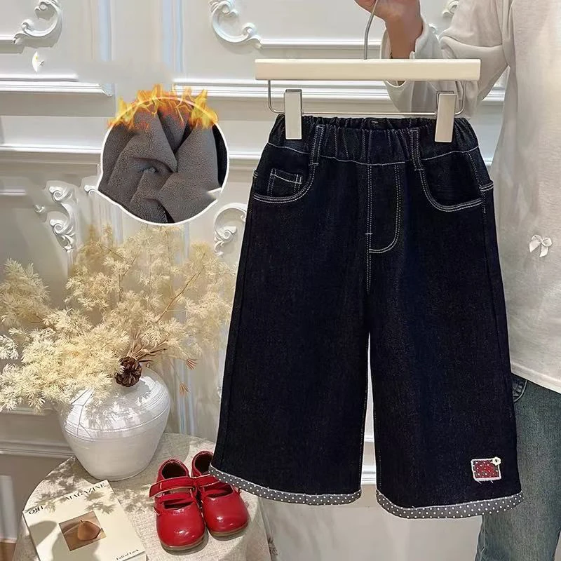 

Прямые джинсы для маленьких девочек с эластичной резинкой на талии, утепленные джинсовые штаны для маленьких девочек, новые зимние широкие штаны в горошек для девочек