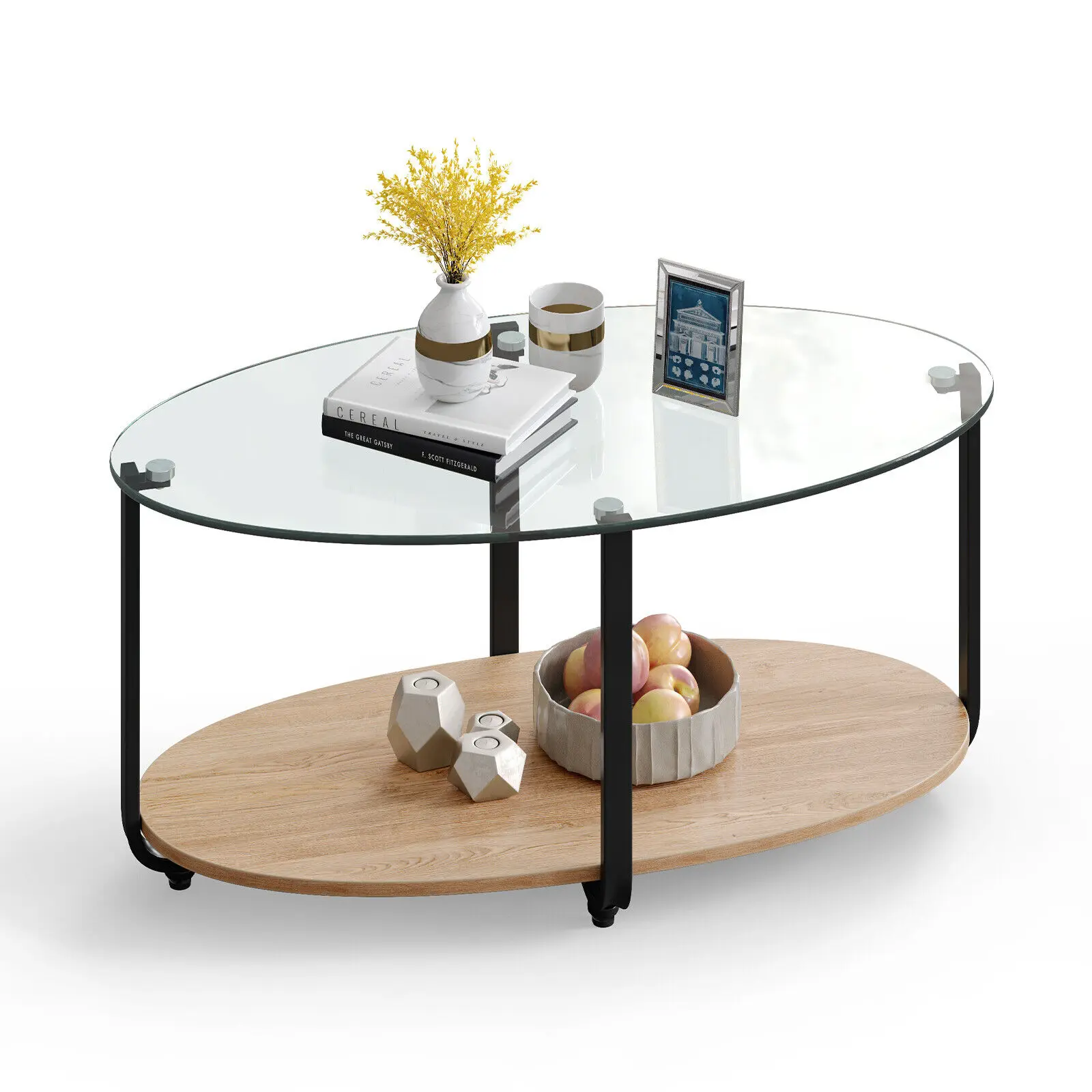 Glass-Top Coffee Table 2-Tier Modern Oval Side Sofa Table w/ Storage Shelf