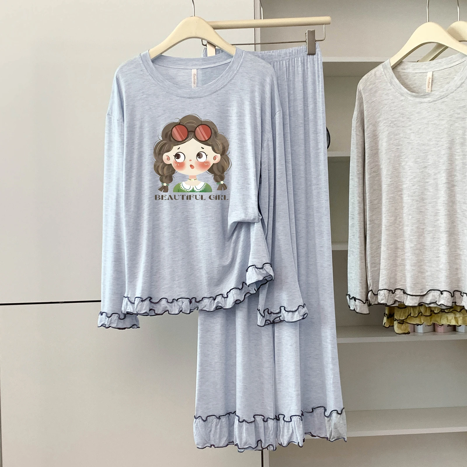 

5174-07 Modal Cotton Round Neck Long-Sleeved Long Pants Pajamas for Women Spring and Autumn Thin Loose Soft Comfortable Home Wear