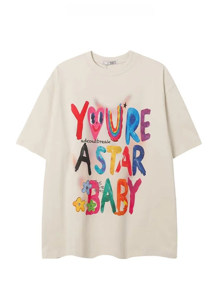 

Free Center American Retro Painted Letter Loose ort Sve T-irt ex Street Sle Couple Tops Cotton Summer round Ne