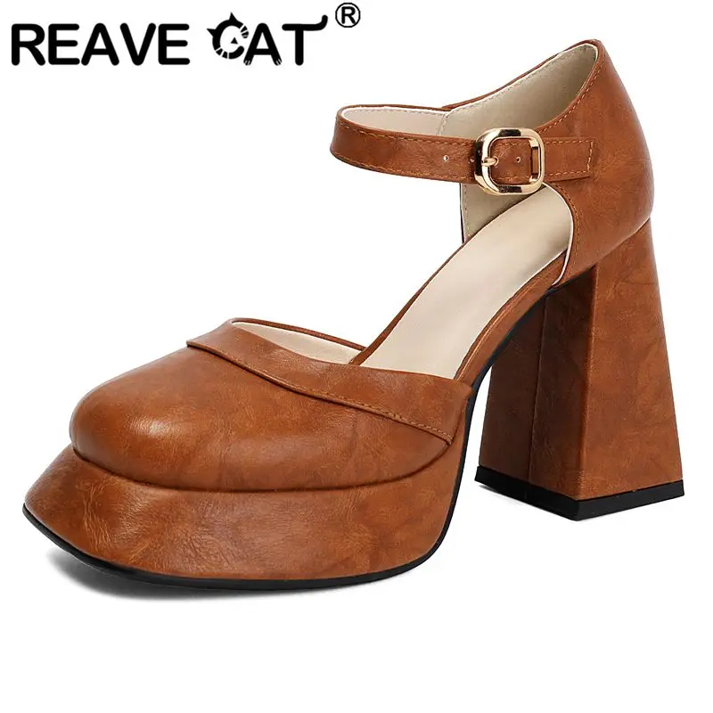 

REAVE CAT Yellow Women Sandals Round Toe 10.5cm Block Heel 3cm Platform Buckle Strap Large Size 41 42 43 Mary Janes Lady Shoes