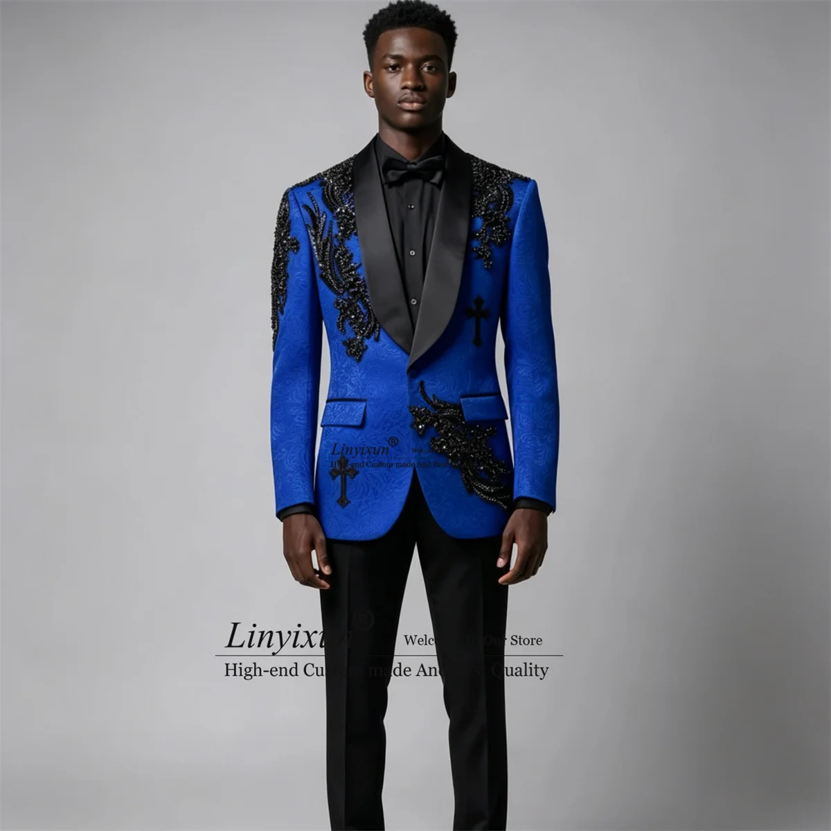 Customized Appliques Men Suits Luxury Diamond Tuxedo Slim Fit Groom Party Male Blazers 2 Pieces Sets Wedding Party Costume Homme