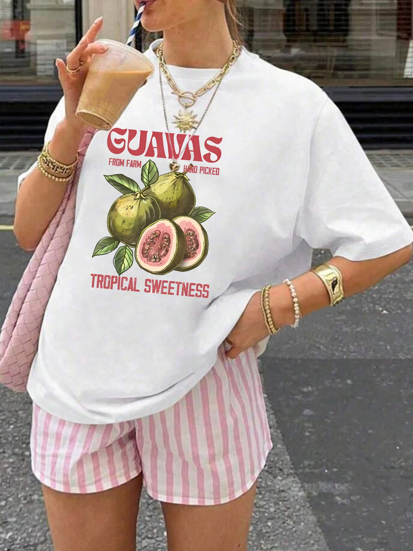 

Fig pattern round neck plus size women T-shirt short sleeve trend printing elastic half sleeve T-shirt