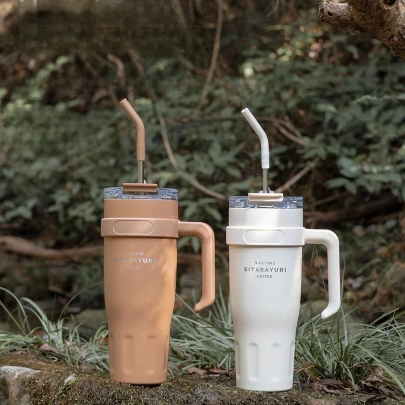 1100 ml Thermos-Wasserflasche, Edelstahl-Kaffeetasse mit Strohhalm, hält kalt und warm, großes Fassungsvermögen, isolierter Auto-Thermosbecher