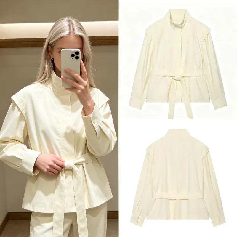 New Women S Minimalist Outfit High End Feel Stand Collar Belted Suit Jacket Long Sleeve Button Closure Polyester Fiber